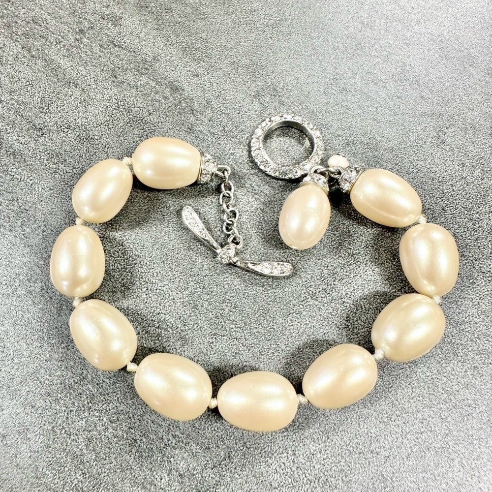 Vintage Signed Monet Faux Pearl Silver Tone Toggle Bracelet